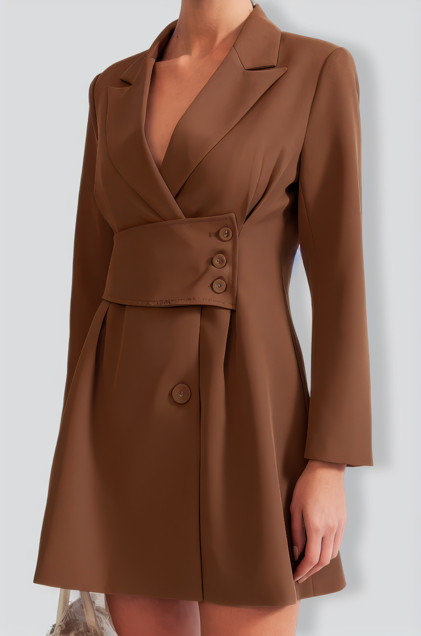 Blazer Type Dress with Highlighted Waist - Brown