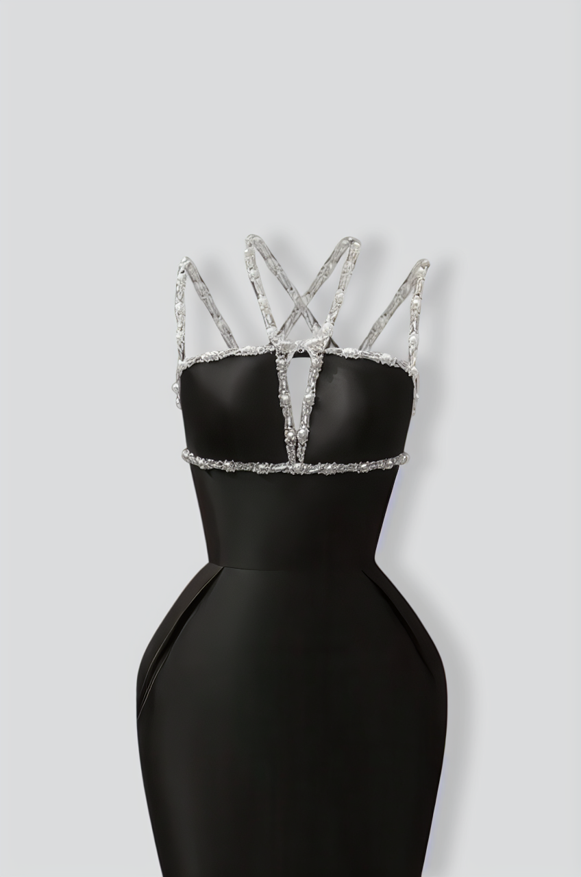 Sleeveless Elegant Gown with Crystal Embellishments - Black