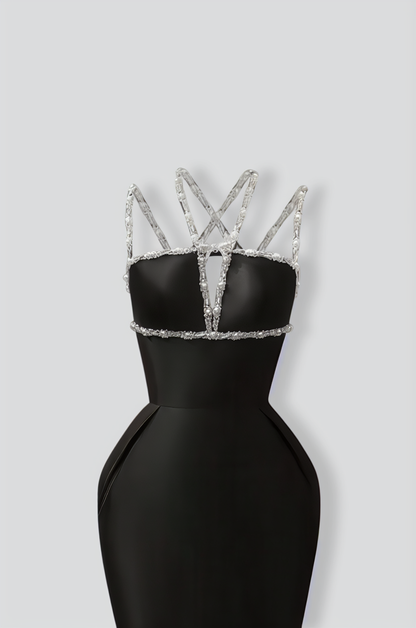 Sleeveless Elegant Gown with Crystal Embellishments - Black