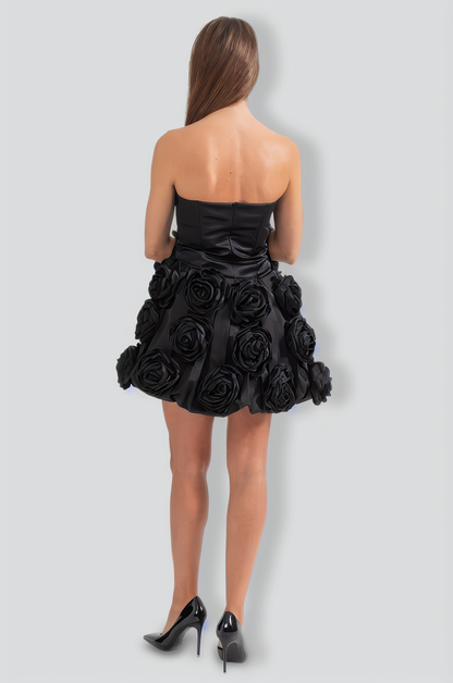 Mini Strapless Dress With Detachable 3D Floral Adornments - Black