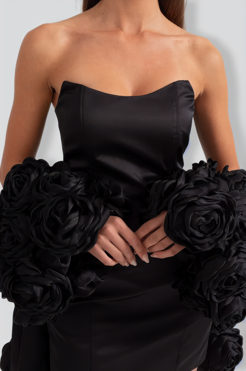 Mini Strapless Dress With Detachable 3D Floral Adornments - Black