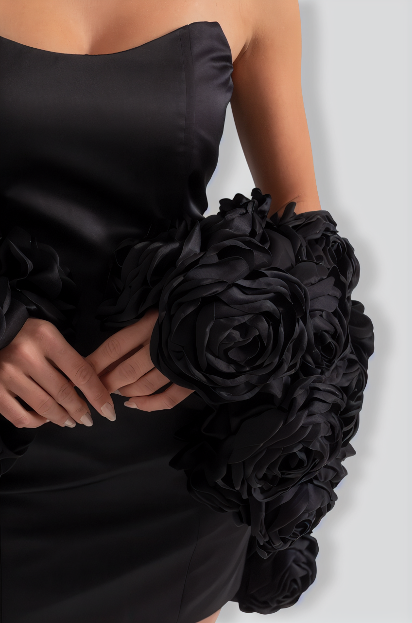 Mini Strapless Dress With Detachable 3D Floral Adornments - Black