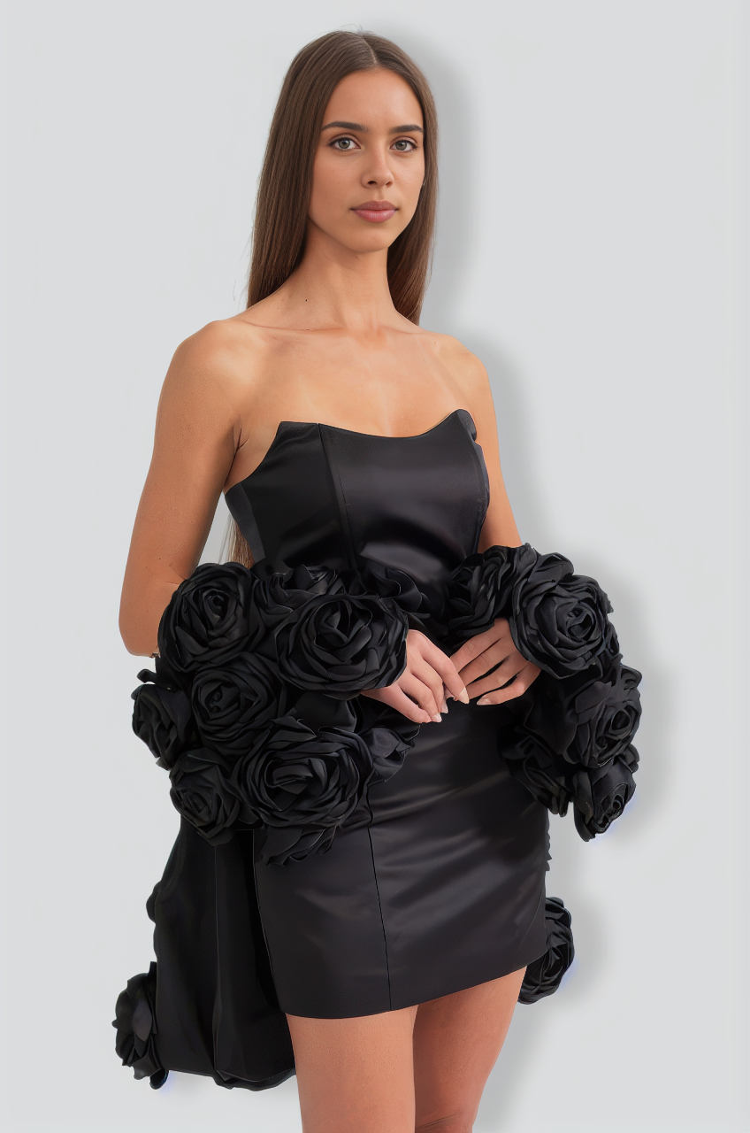 Mini Strapless Dress With Detachable 3D Floral Adornments - Black