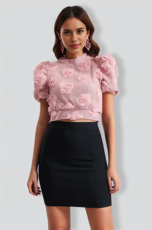 Kavaca Puff-Sleeves Flowers Top