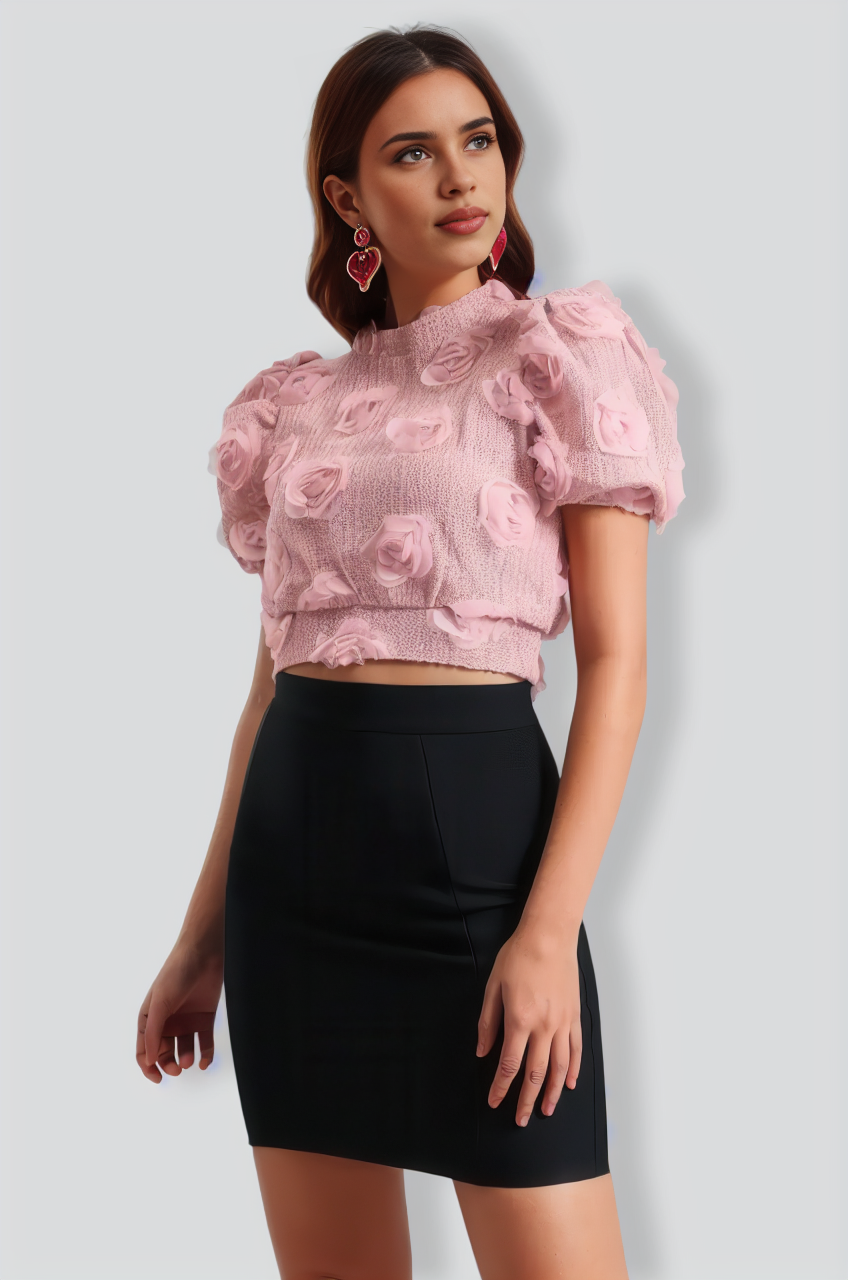 Kavaca Puff-Sleeves Flowers Top