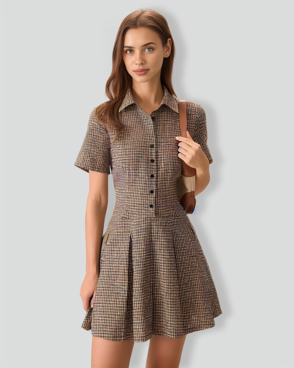 Brown Plaid Lapel Pleated Mini Dress