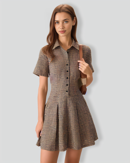 Brown Plaid Lapel Pleated Mini Dress