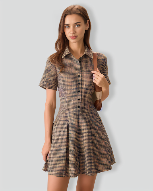 Brown Plaid Lapel Pleated Mini Dress