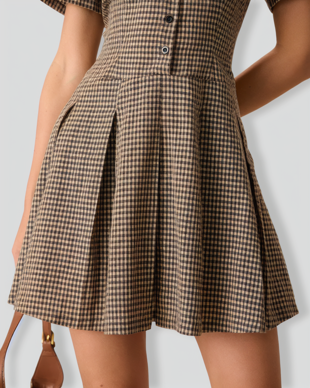 Brown Plaid Lapel Pleated Mini Dress