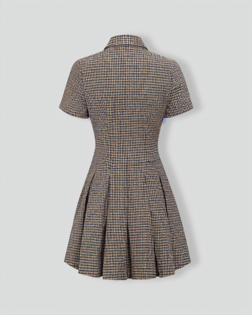 Brown Plaid Lapel Pleated Mini Dress