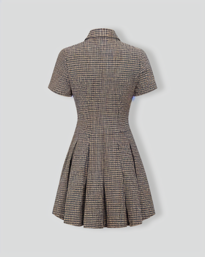 Brown Plaid Lapel Pleated Mini Dress