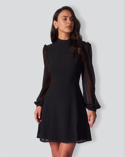 The Black Stand Collar Sheer Slit Mini Dress