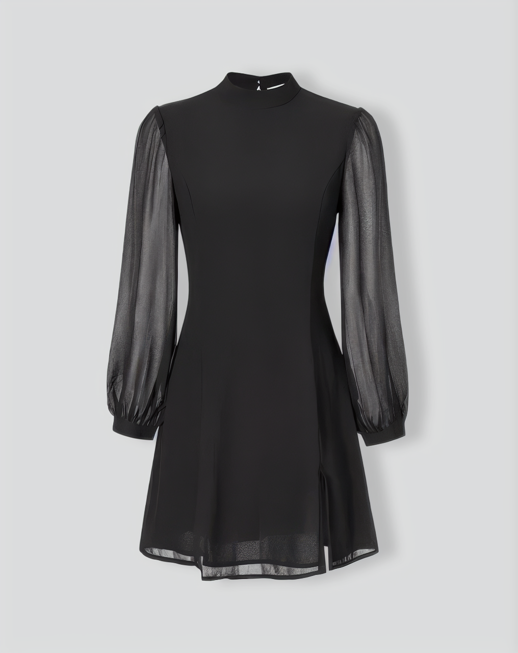 The Black Stand Collar Sheer Slit Mini Dress