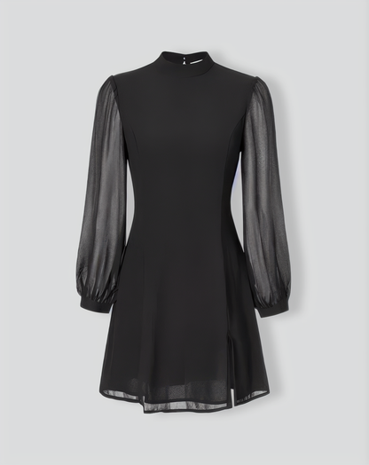 The Black Stand Collar Sheer Slit Mini Dress