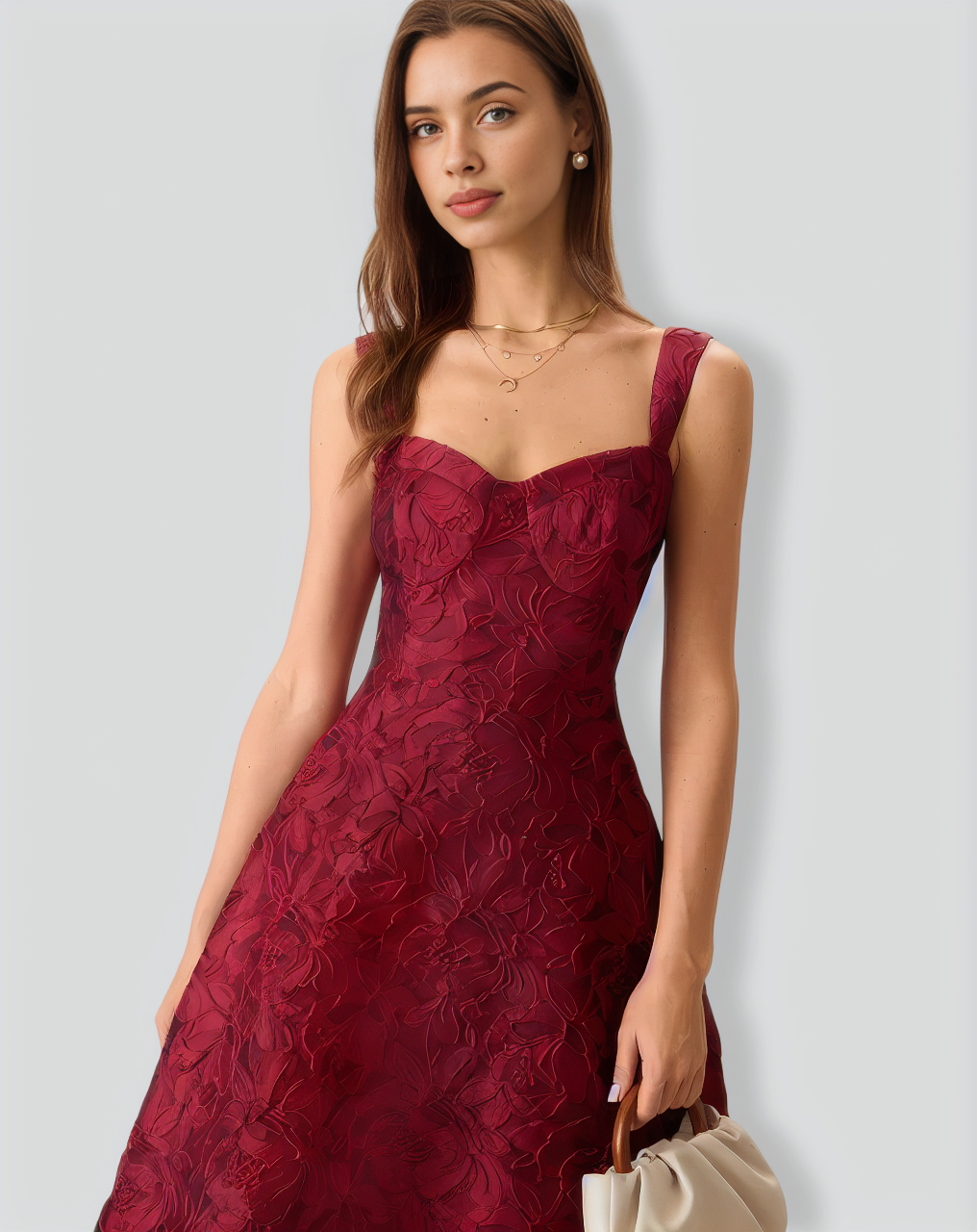 The Red Sweetheart Neck Jacquard Midi Dress