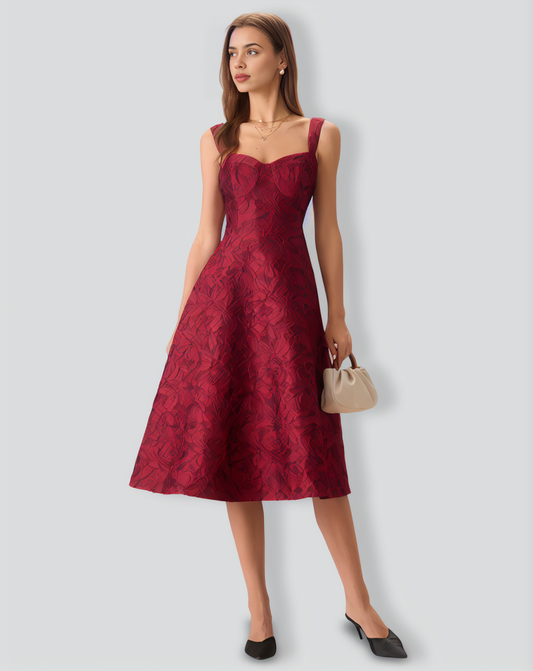 The Red Sweetheart Neck Jacquard Midi Dress