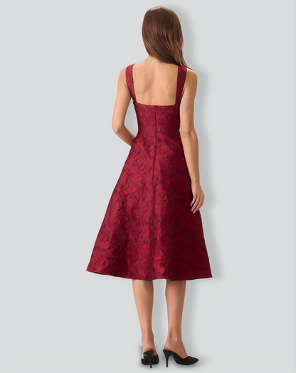 The Red Sweetheart Neck Jacquard Midi Dress