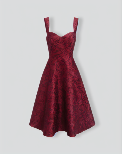 The Red Sweetheart Neck Jacquard Midi Dress