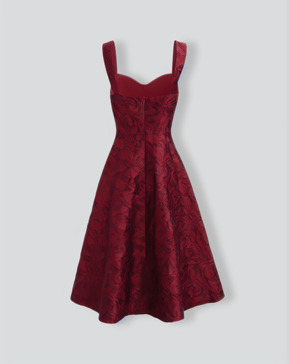 The Red Sweetheart Neck Jacquard Midi Dress