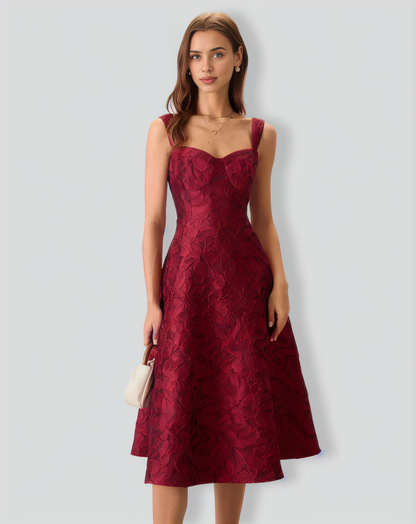 The Red Sweetheart Neck Jacquard Midi Dress