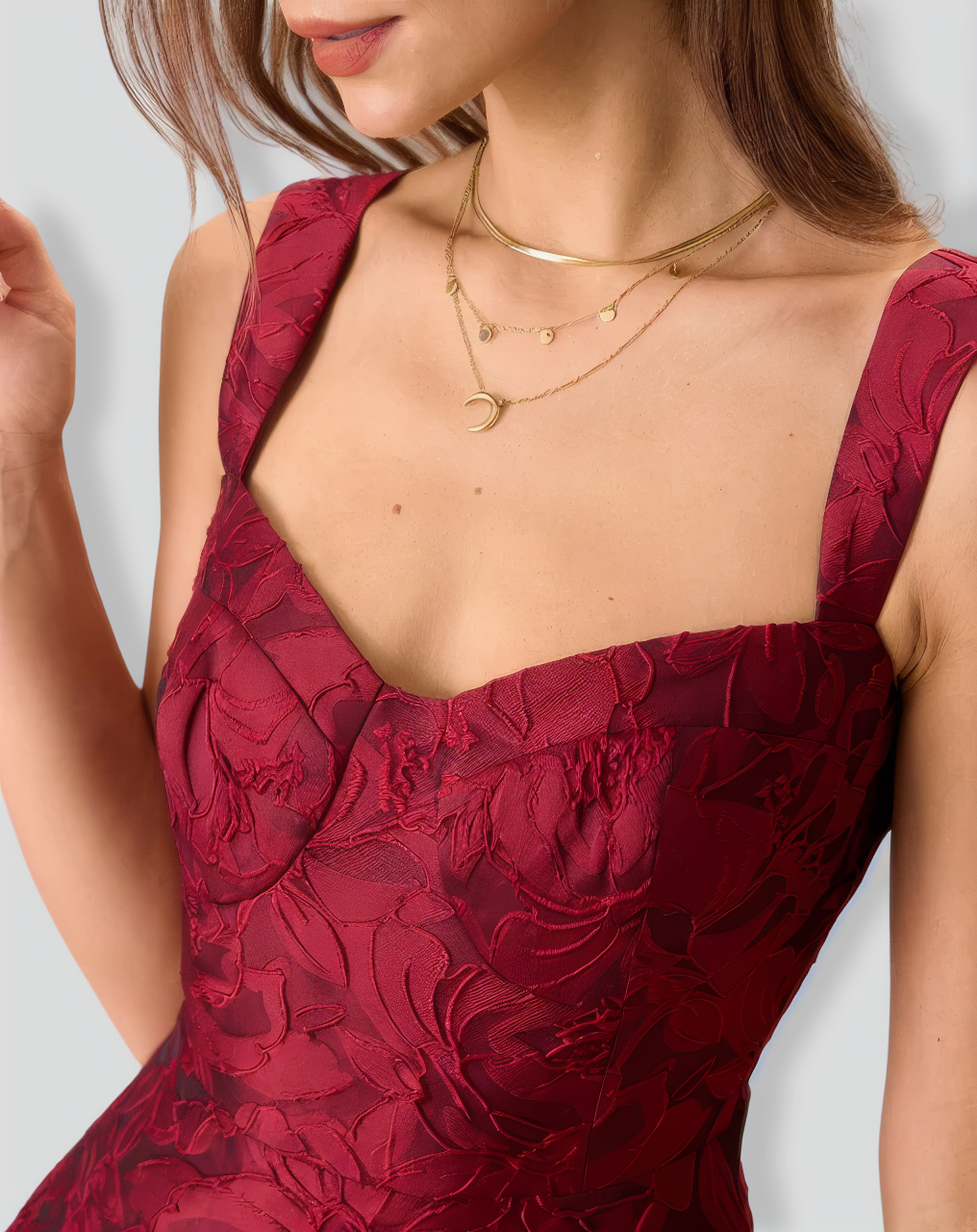 The Red Sweetheart Neck Jacquard Midi Dress