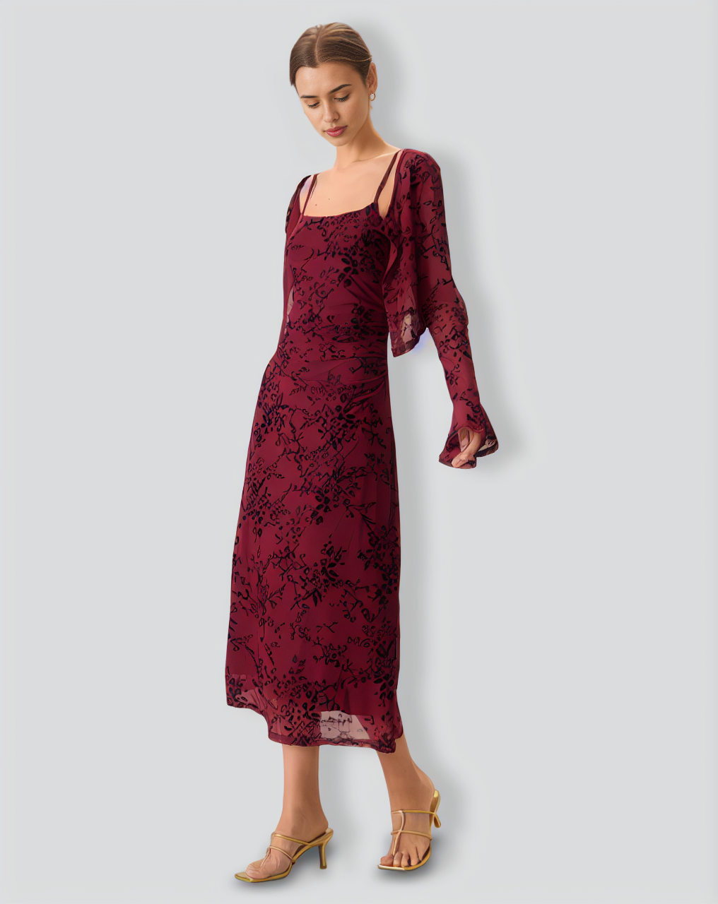 Red Floral Bodycon Slip Midi Dress