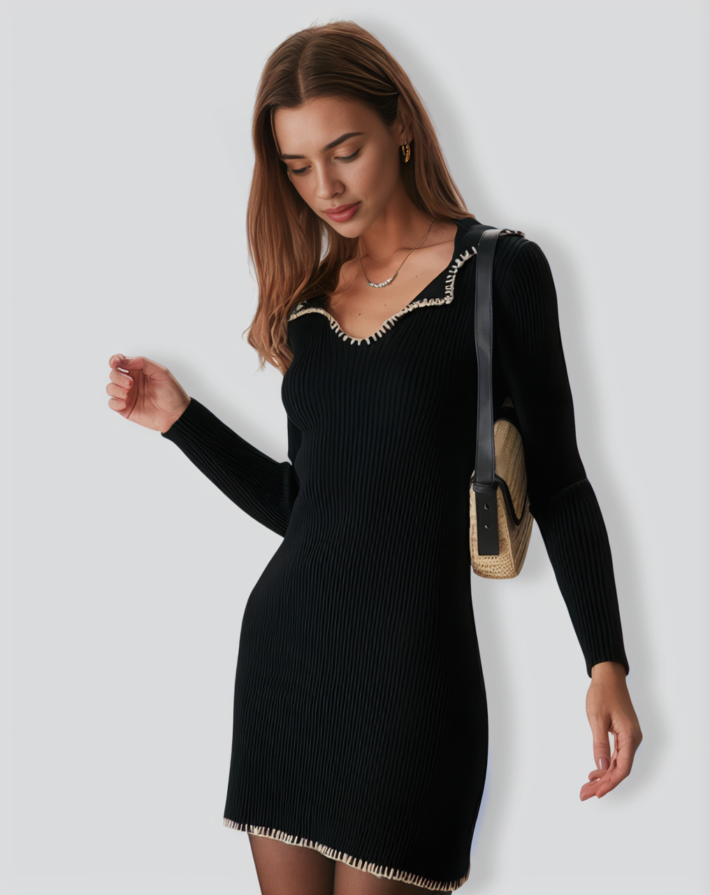 The Black Contrast Stitch Sweater Mini Dress