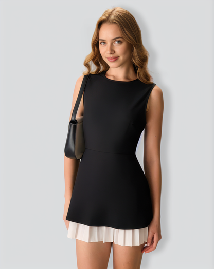 Women's Black Splicing Pleated Mini Dress