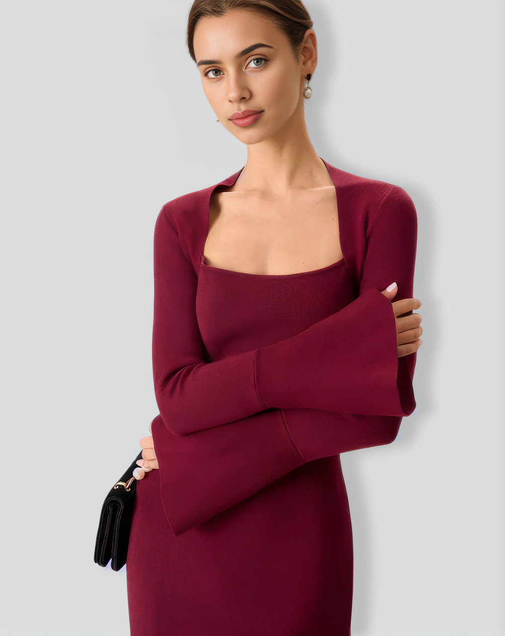 The Red Square Neck Flare Sleeve Midi Dress