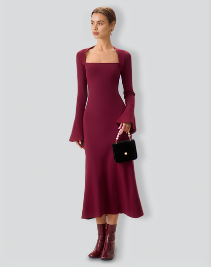 The Red Square Neck Flare Sleeve Midi Dress