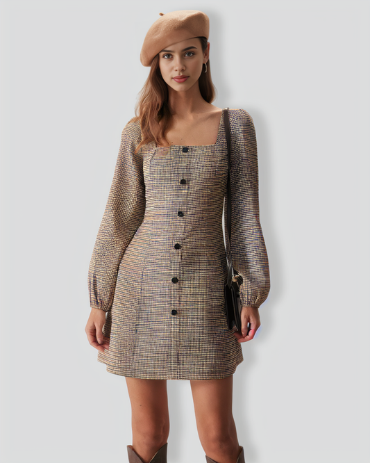 The Khaki Square Neck Plaid Button Mini Dress