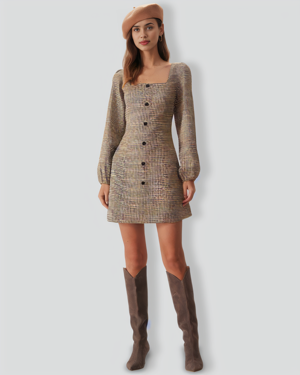 The Khaki Square Neck Plaid Button Mini Dress