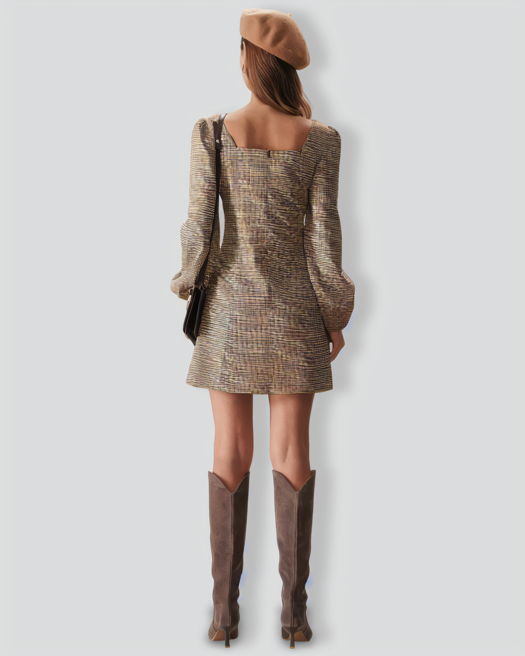 The Khaki Square Neck Plaid Button Mini Dress