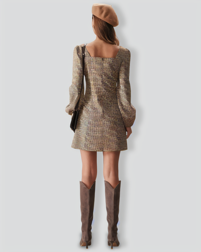 The Khaki Square Neck Plaid Button Mini Dress