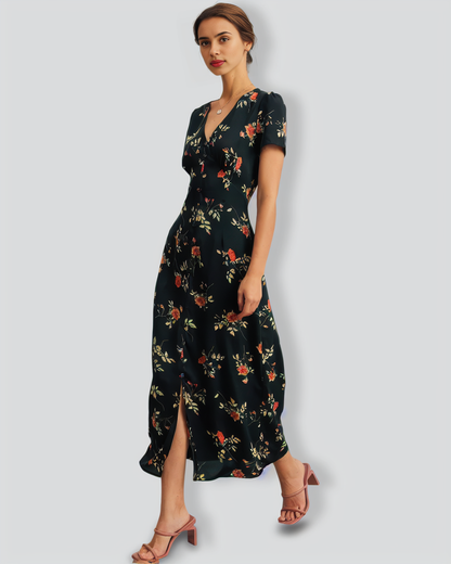 The Black V Neck Floral Short Sleeve Maxi Dress