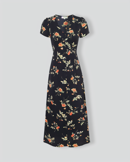The Black V Neck Floral Short Sleeve Maxi Dress