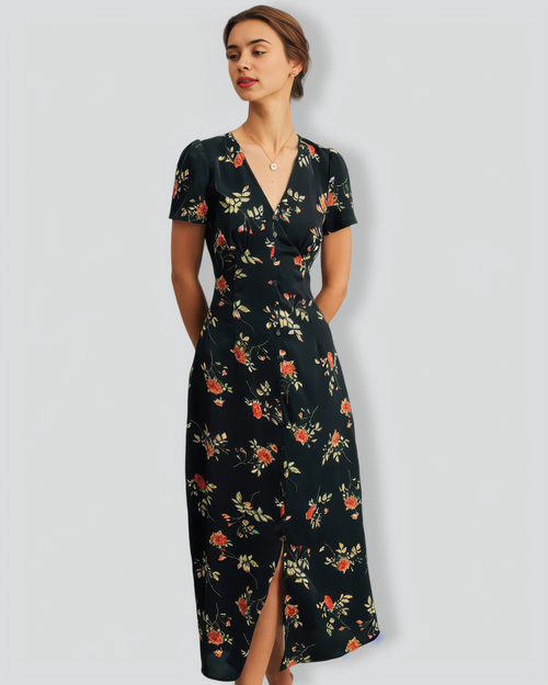 The Black V Neck Floral Short Sleeve Maxi Dress