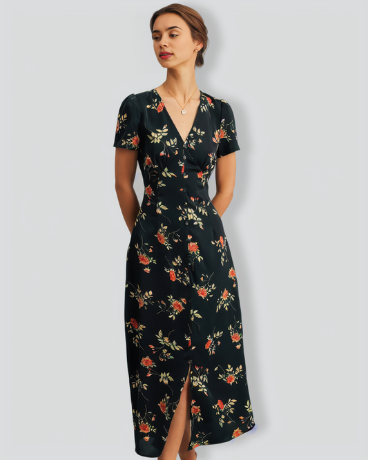 The Black V Neck Floral Short Sleeve Maxi Dress