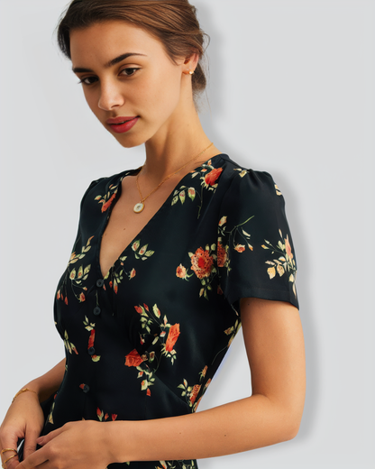 The Black V Neck Floral Short Sleeve Maxi Dress