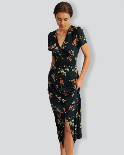 The Black V Neck Floral Short Sleeve Maxi Dress