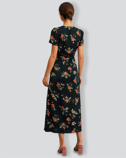 The Black V Neck Floral Short Sleeve Maxi Dress