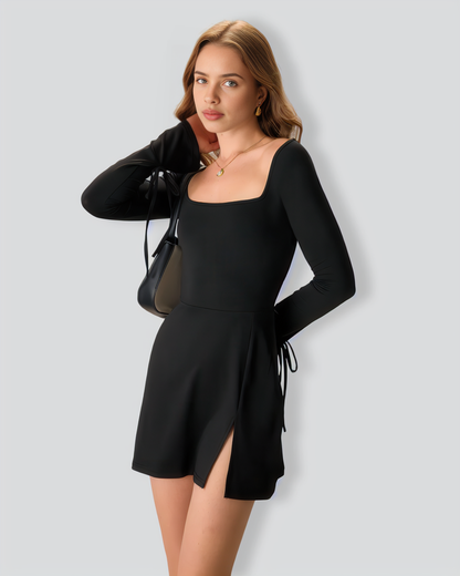 Women's Black Square Neck Long Sleeve Mini Dress