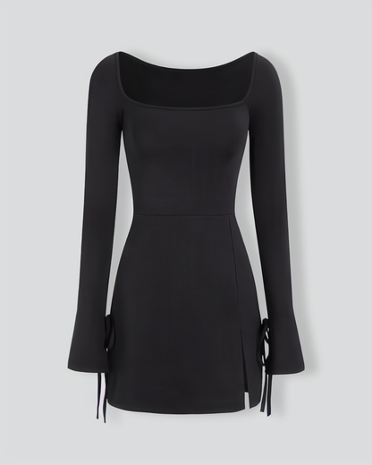 Women's Black Square Neck Long Sleeve Mini Dress