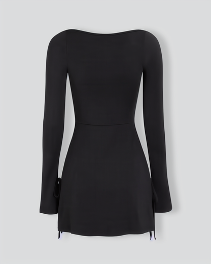 Women's Black Square Neck Long Sleeve Mini Dress