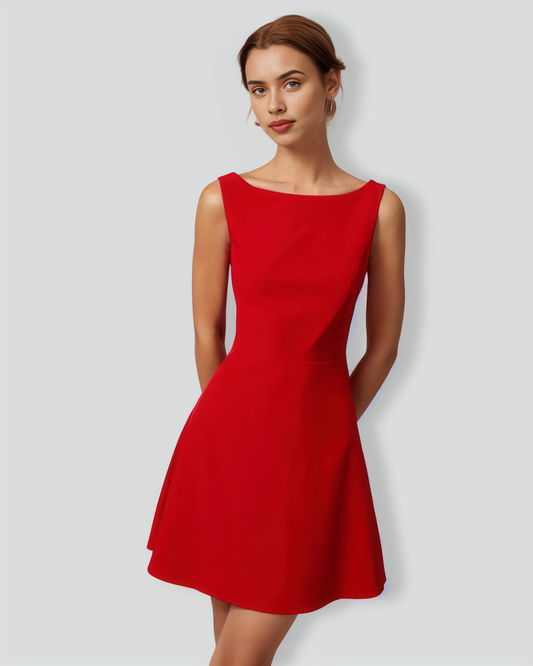 The Red Boat Neck High Waisted Mini Dress