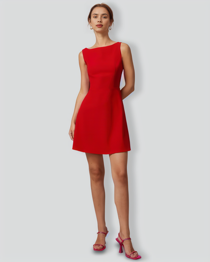 The Red Boat Neck High Waisted Mini Dress