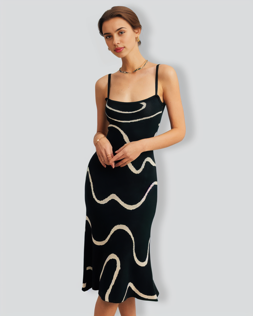The Black Wave Mermaid Hem Knit Midi Dress