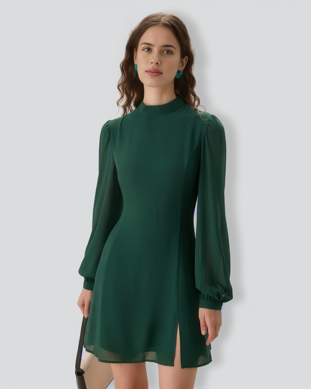 The Green Stand Collar Sheer Slit Mini Dress