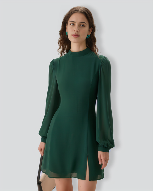 The Green Stand Collar Sheer Slit Mini Dress