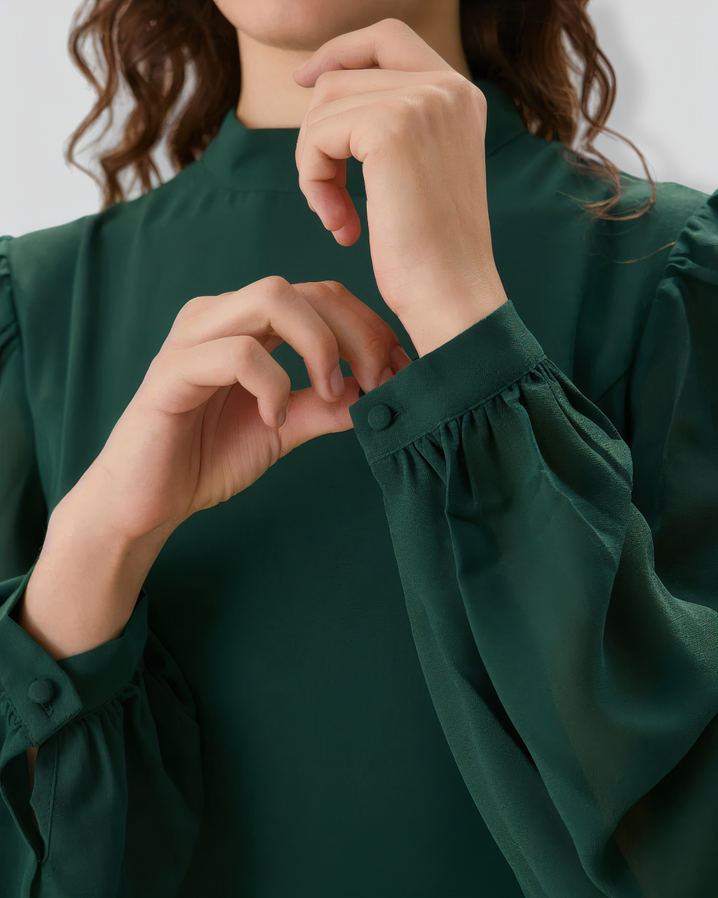 The Green Stand Collar Sheer Slit Mini Dress